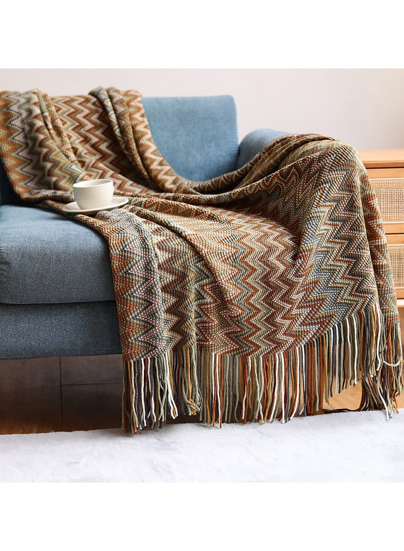 Loquat 130*230 Imitation Cashmere Bohemian Knitted Blanket,Jacquard Tassel Throw Blanket, Hand Knitted Blanket, Bohemian Pattern Blanket, Colorful Pattern, Suitable for Lunch Break, Sofa - Image 1