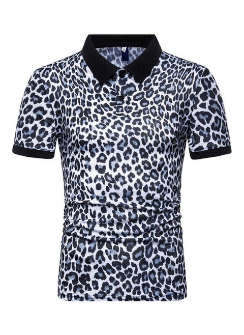 Leopard Printed Short Sleeve Elastic Casual Pullover Tops White