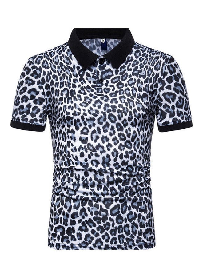 Leopard Printed Short Sleeve Elastic Casual Pullover Tops White