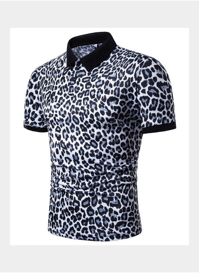 Leopard Printed Short Sleeve Elastic Casual Pullover Tops White