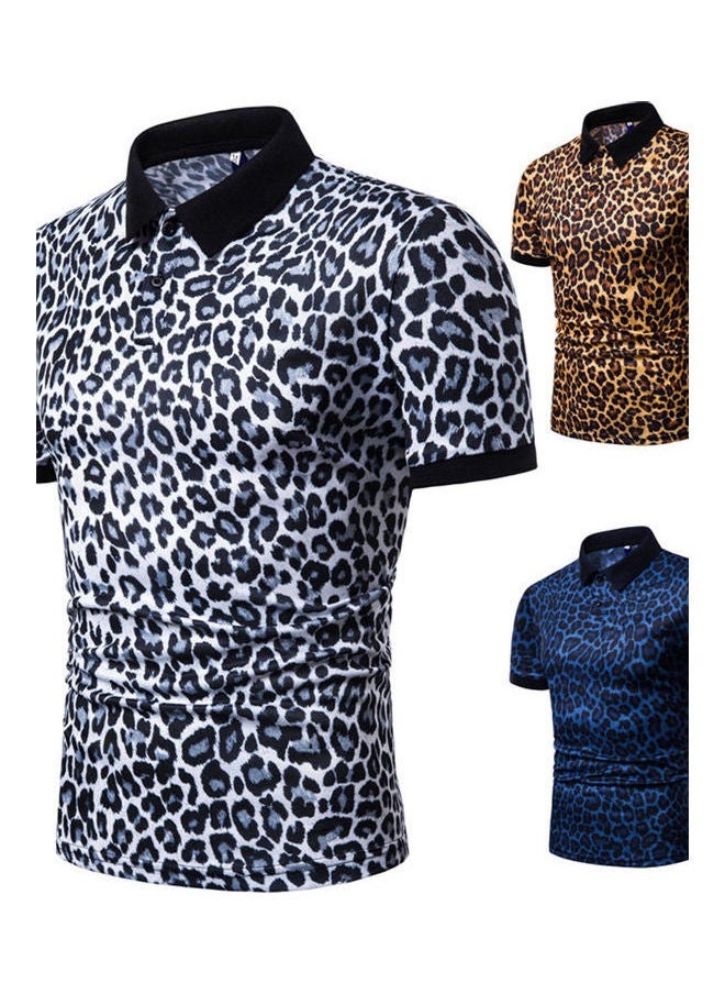 Leopard Printed Short Sleeve Elastic Casual Pullover Tops White