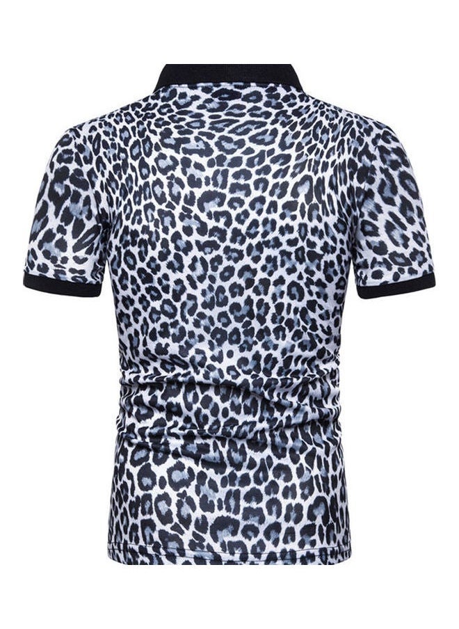 Leopard Printed Short Sleeve Elastic Casual Pullover Tops White