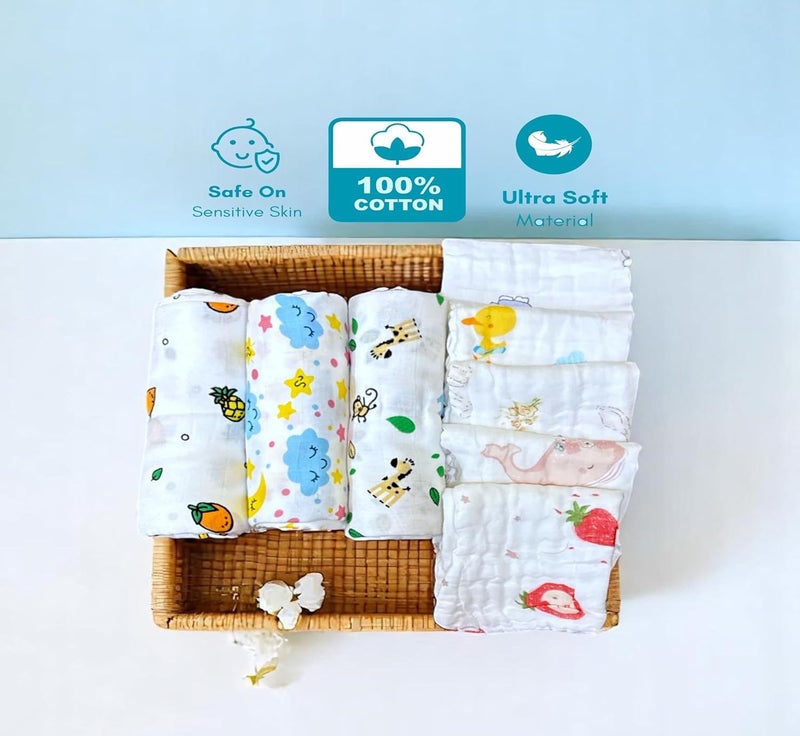 Comfy Cheeks 100% Cotton Muslin Baby Swaddle Set – Pack of 3 | Large 115x100 cm Mulmul Swaddle Wrap for Newborn to 18 Months | Soft Breathable Printed Baby Blanket + Set of 5 Soft Muslin Face Towels - Image 4