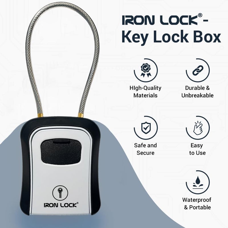 Iron Lock ® Key Lock Box Portable with Cable Shackle & Wall Mount – Waterproof Metal Lock Box for Keys with 4-Digit Combination & Resettable Code – Indoor/Outdoor Key Safe (Grey, Medium) - Image 4