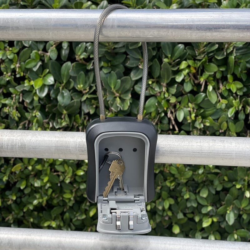 Iron Lock ® Key Lock Box Portable with Cable Shackle & Wall Mount – Waterproof Metal Lock Box for Keys with 4-Digit Combination & Resettable Code – Indoor/Outdoor Key Safe (Grey, Medium) - Image 3