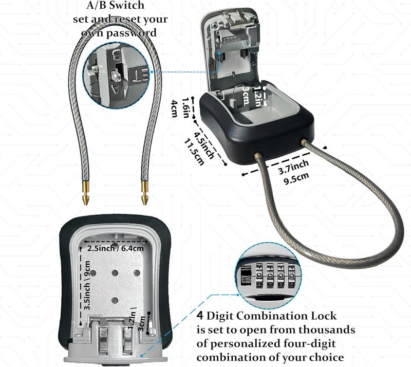 Iron Lock ® Key Lock Box Portable with Cable Shackle & Wall Mount – Waterproof Metal Lock Box for Keys with 4-Digit Combination & Resettable Code – Indoor/Outdoor Key Safe (Grey, Medium) - Image 2