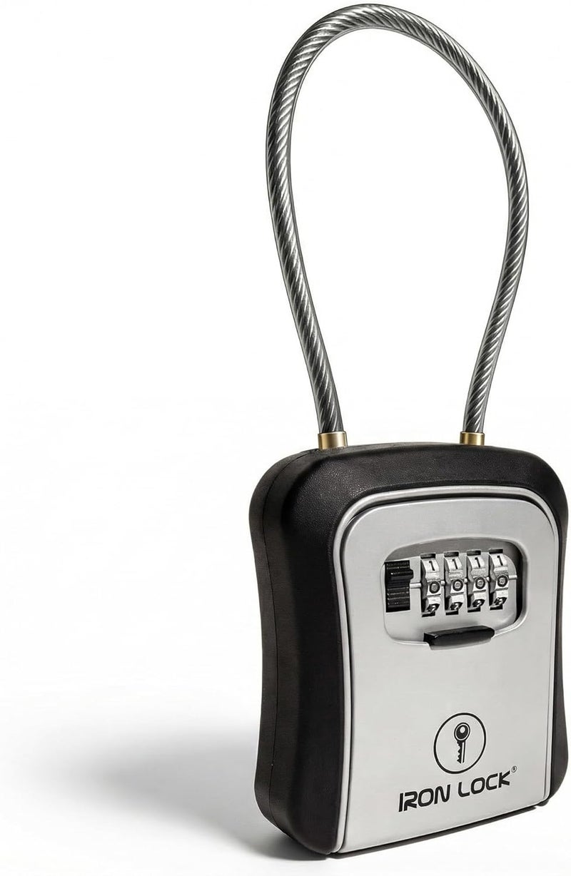 Iron Lock ® Key Lock Box Portable with Cable Shackle & Wall Mount – Waterproof Metal Lock Box for Keys with 4-Digit Combination & Resettable Code – Indoor/Outdoor Key Safe (Grey, Medium) - Image 1
