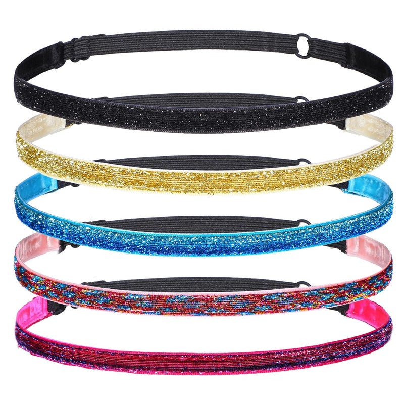 5 Pcs Glitter Non Slip Running Headbands, Elastic Shiny Headbands for Women Non-slip Rhinestone Headband Adjustable Size Sparkly Headband Fabric Hairband for Sports Yoga Hair Accessoris for Women