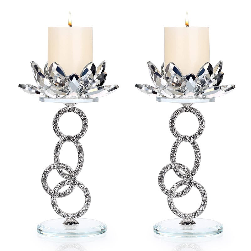 OwnMy Set of 2 Crystal Lotus Flower Candle Holders Metal Glass Lotus Pillar Candlestick Holders Silver Crystal Lotus Tealight Candlesticks Votive Candle Stands for Wedding Table Centerpiece 75 H