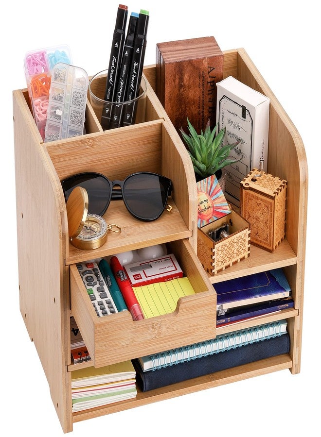 Frcctre Bamboo Desktop Organizer with Drawer, 3 Tier Wooden Desk File Document Organizer with Pen Holder, Tabletop Stationery Storage Organizer Storage Rack for Desk Accessories, Office Supplies - Image 3