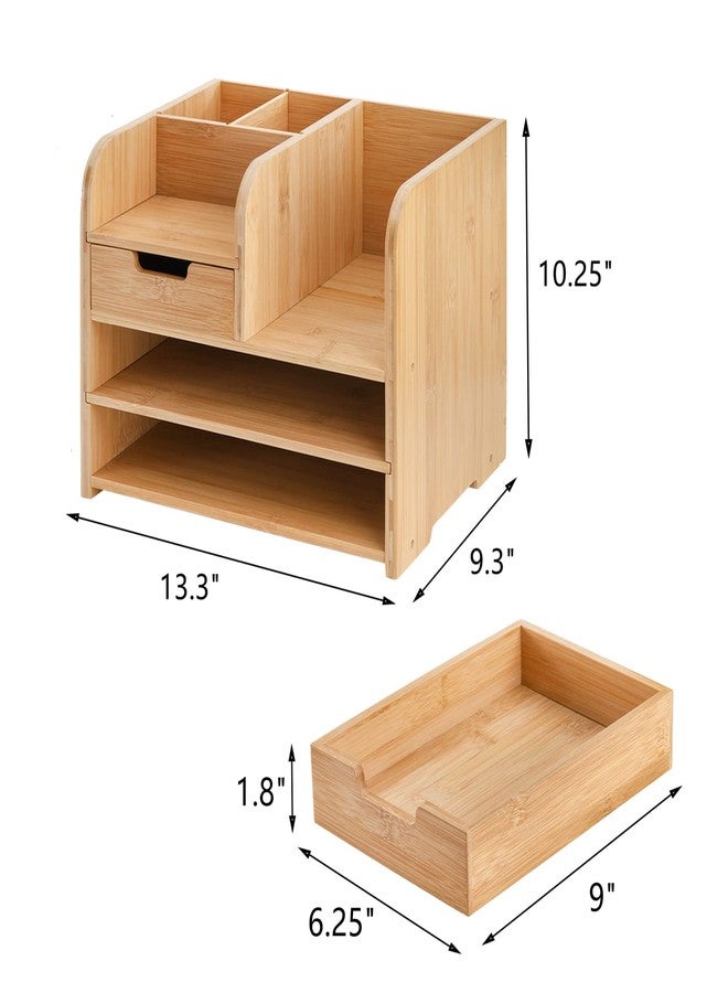 Frcctre Bamboo Desktop Organizer with Drawer, 3 Tier Wooden Desk File Document Organizer with Pen Holder, Tabletop Stationery Storage Organizer Storage Rack for Desk Accessories, Office Supplies - Image 2