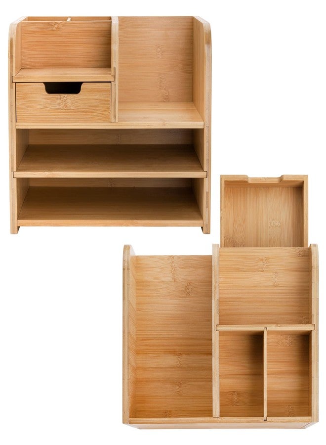 Frcctre Bamboo Desktop Organizer with Drawer, 3 Tier Wooden Desk File Document Organizer with Pen Holder, Tabletop Stationery Storage Organizer Storage Rack for Desk Accessories, Office Supplies - Image 4
