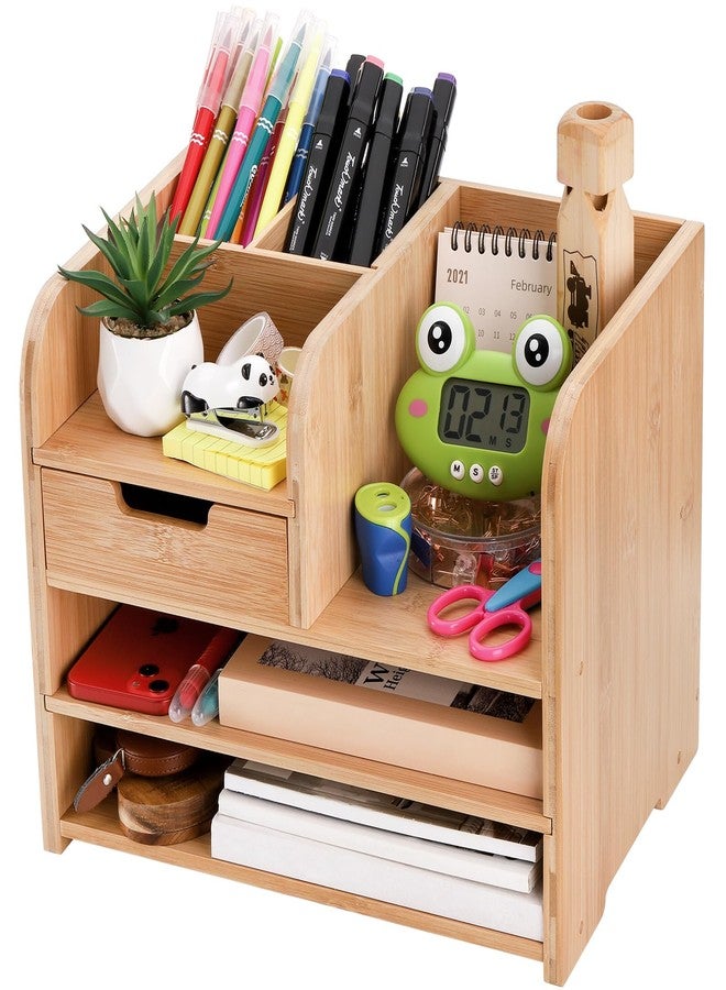 Frcctre Bamboo Desktop Organizer with Drawer, 3 Tier Wooden Desk File Document Organizer with Pen Holder, Tabletop Stationery Storage Organizer Storage Rack for Desk Accessories, Office Supplies - Image 1