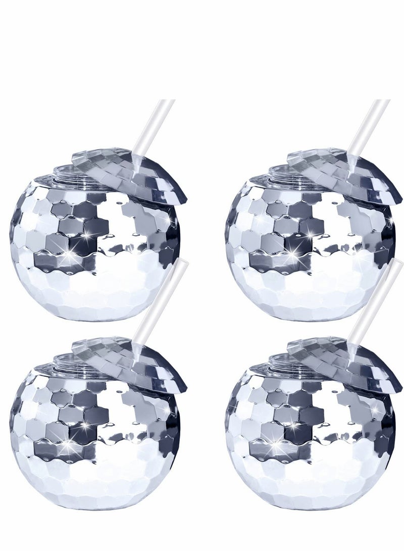 Disco Ball Cups 4 Pieces Tumbler Flash Drinks Cup with Lid and Straw Party Supplies Drink Syrup Tea Bottle, for Decorations (Sliver) - Image 1