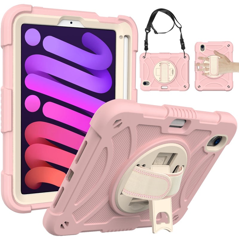HuHa Protective Cover For iPad mini 6 / mini 2024 PC Hybrid Silicone Tablet Case with Holder & Hand Strap & Shoulder Strap(Rose Gold) - Image 1