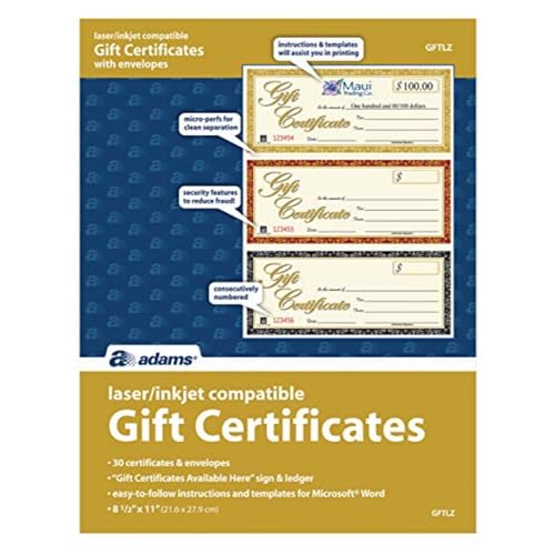 Adams Gift Certificates, Laser/Inkjet Compatible, 3-Up, 30 per Pack with Envelopes (GFTLZ),White - Image 1
