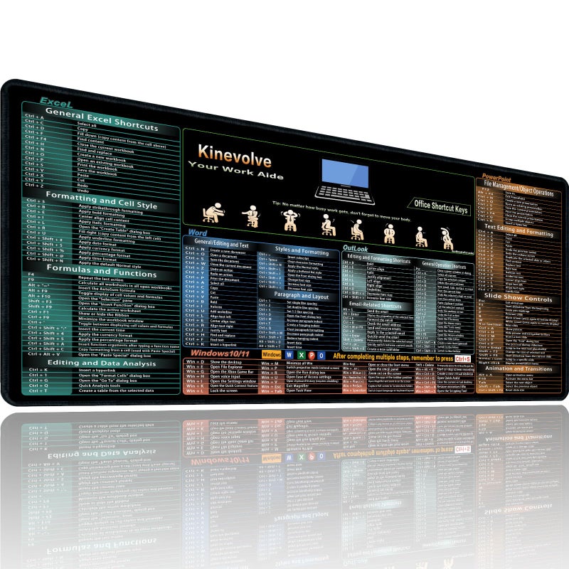 Kinevolve Mouse Pad for ExcelWordOutlookPowerPoint Shortcuts 315 x 118 Excel Cheat Sheet Desk Pad XL Desk Mat Large Mousepad for Office Gaming NonSlip Waterproof Stitched Edges - Image 2
