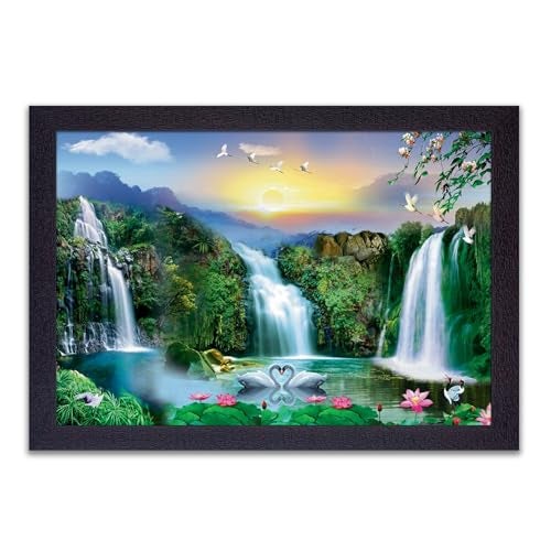 Masstone Vastu Waterfall Lake Painting With Frame | Living Room | Wall Scenery for Bedroom, Office, Home Decoration (20x14 Inch) - Image 1
