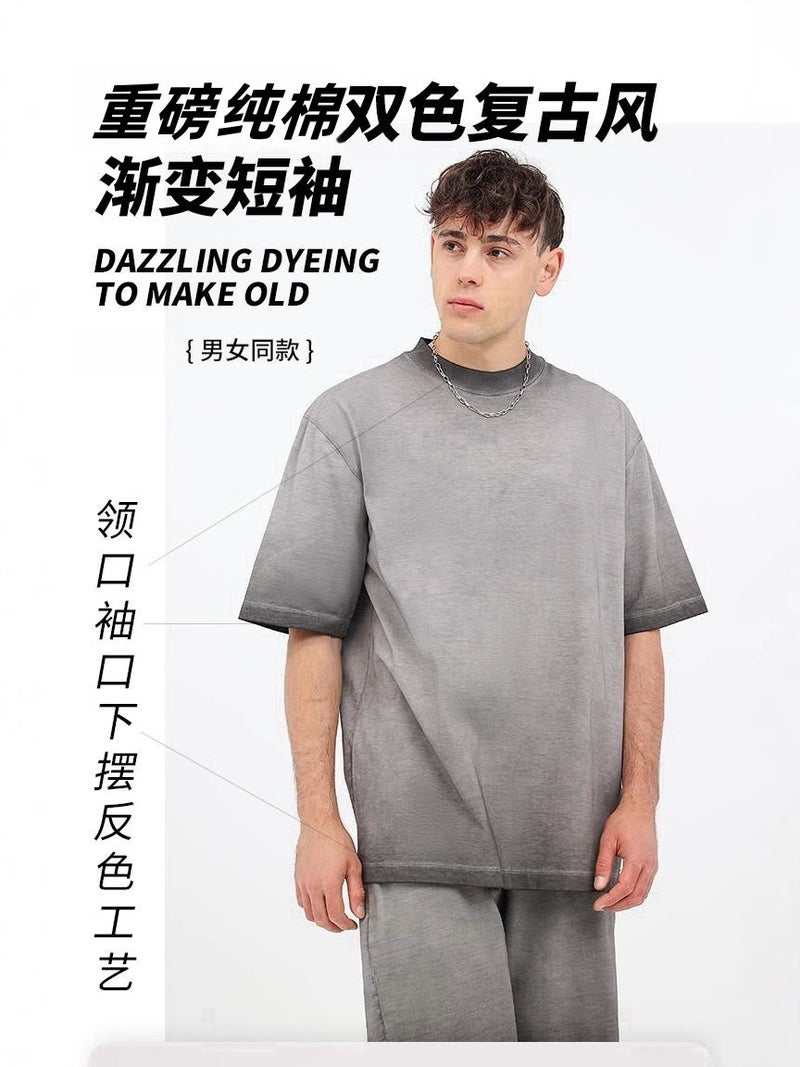 240G American Retro Style Old Gradient Short Sleeve T-Shirt Tide Brand Cotton Loose Tide Brand Explosions - Image 2
