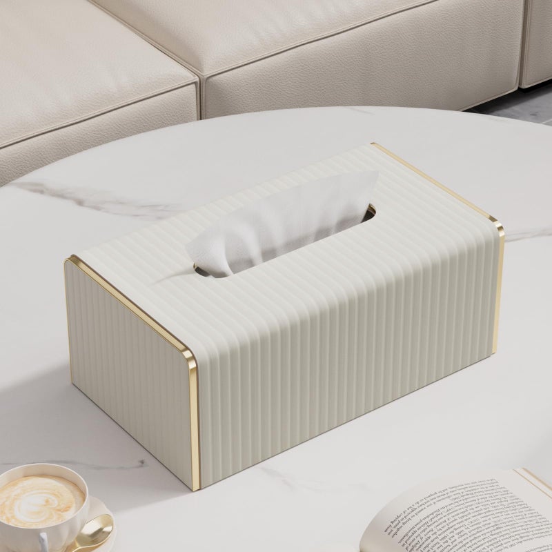 LADSTAG Tissue Box Cover,White Rectangle Leather Tissue Box Holder with Gold-Tone Edging Decoration,Decorative Tissue Cover for Bathroom Toilet Bedroom Living Room Table Desk Office (White, Rectangle) - Image 4