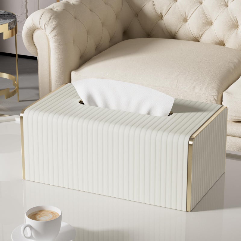 LADSTAG Tissue Box Cover,White Rectangle Leather Tissue Box Holder with Gold-Tone Edging Decoration,Decorative Tissue Cover for Bathroom Toilet Bedroom Living Room Table Desk Office (White, Rectangle) - Image 2