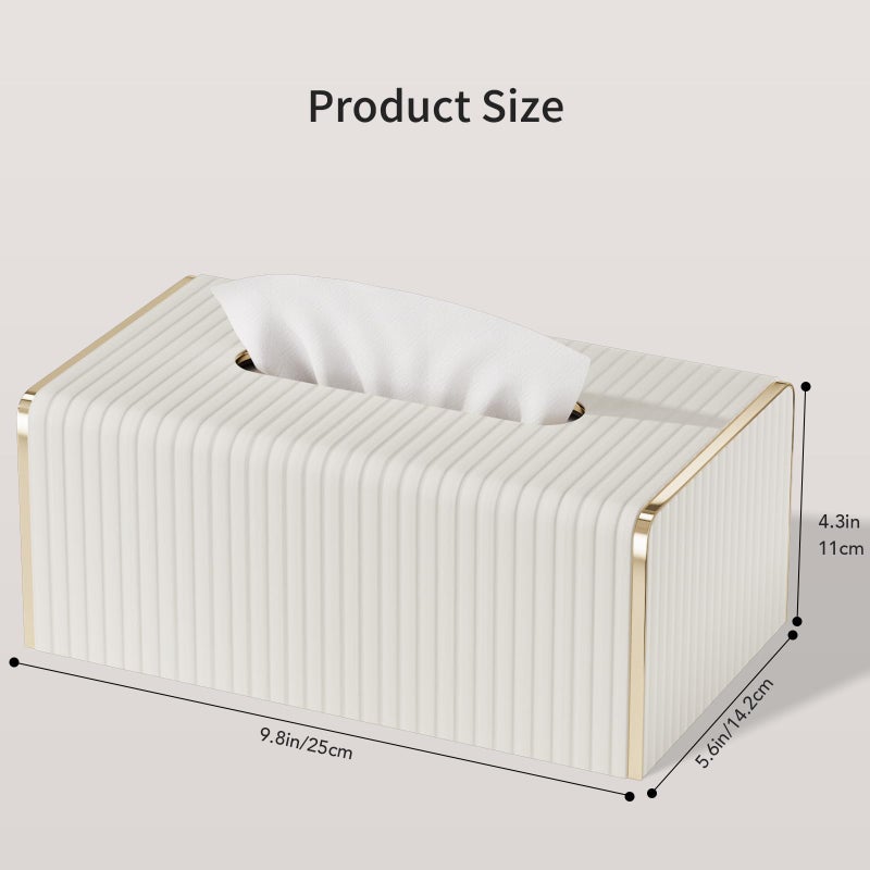 LADSTAG Tissue Box Cover,White Rectangle Leather Tissue Box Holder with Gold-Tone Edging Decoration,Decorative Tissue Cover for Bathroom Toilet Bedroom Living Room Table Desk Office (White, Rectangle) - Image 3
