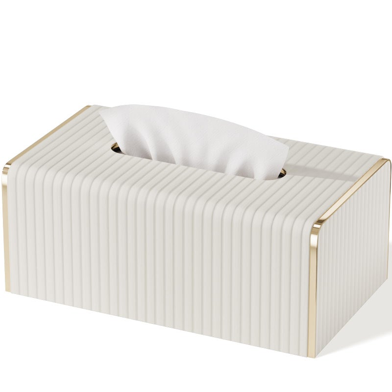 LADSTAG Tissue Box Cover,White Rectangle Leather Tissue Box Holder with Gold-Tone Edging Decoration,Decorative Tissue Cover for Bathroom Toilet Bedroom Living Room Table Desk Office (White, Rectangle) - Image 1