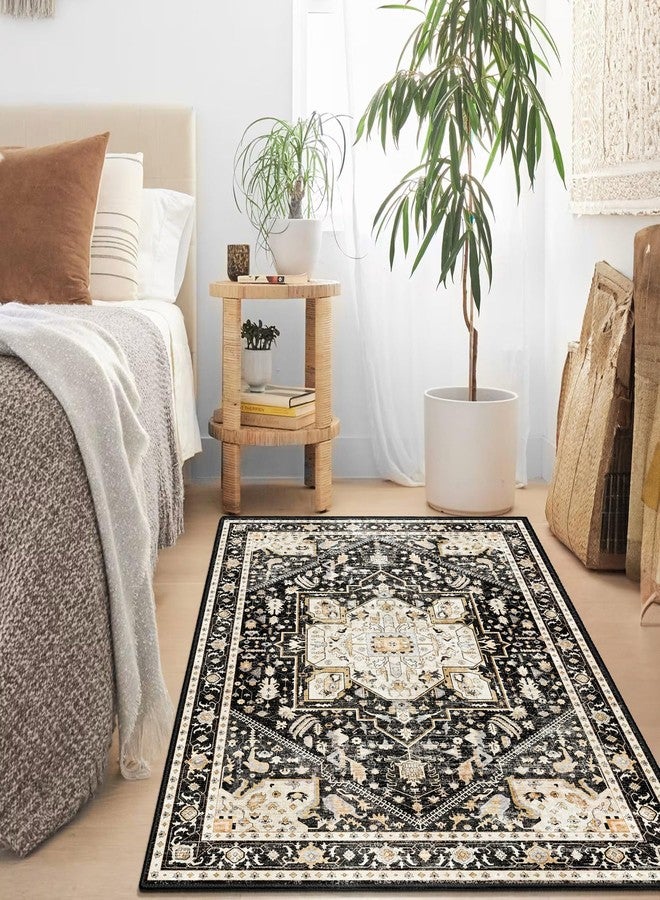 MUJOO Black Rug 3'x5' Washable,Boho Small Area Rugs for Bedroom Entryway Living Room Kitchen,Non Slip Carpet Indoor,Vintage Soft Black and Gold Floral Rug - Image 3