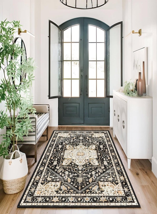 MUJOO Black Rug 3'x5' Washable,Boho Small Area Rugs for Bedroom Entryway Living Room Kitchen,Non Slip Carpet Indoor,Vintage Soft Black and Gold Floral Rug - Image 2