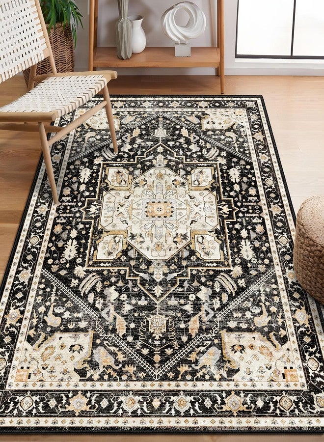 MUJOO Black Rug 3'x5' Washable,Boho Small Area Rugs for Bedroom Entryway Living Room Kitchen,Non Slip Carpet Indoor,Vintage Soft Black and Gold Floral Rug - Image 1