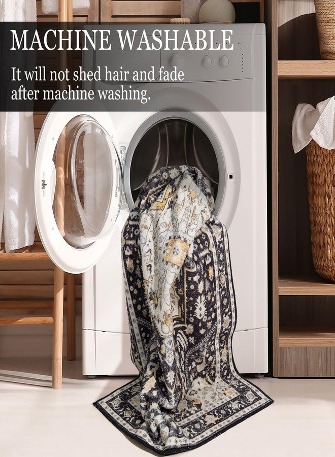 MUJOO Black Rug 3'x5' Washable,Boho Small Area Rugs for Bedroom Entryway Living Room Kitchen,Non Slip Carpet Indoor,Vintage Soft Black and Gold Floral Rug - Image 4