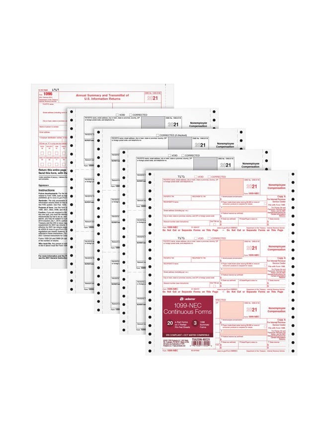 ADAMS 1099 NEC 3 Up 2021 Continuous Forms, 4 Part Carbonless Forms, for Pin Fed Dot Matrix Printers, with 3 1096, 20 Pack (TXA2299-NEC21) - Image 1