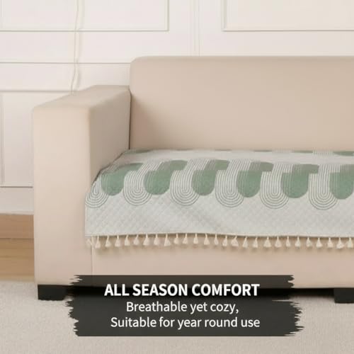 STITCHNEST 3 Seater Printed Quilted Velvet Sofa Slip Cover Protector with Tassels - Image 5