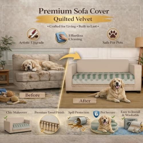 STITCHNEST 3 Seater Printed Quilted Velvet Sofa Slip Cover Protector with Tassels - Image 4