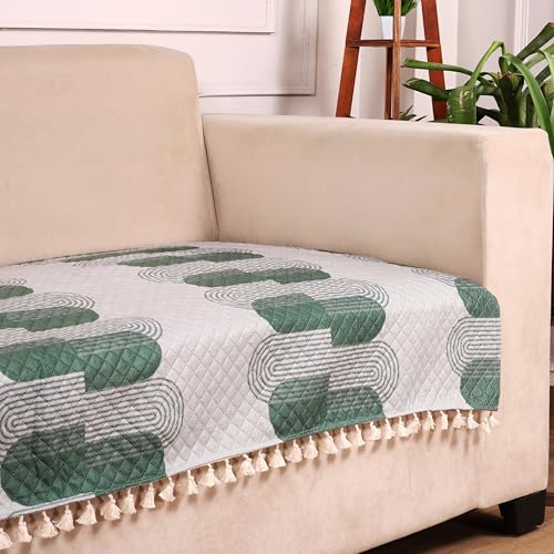 STITCHNEST 3 Seater Printed Quilted Velvet Sofa Slip Cover Protector with Tassels - Image 1