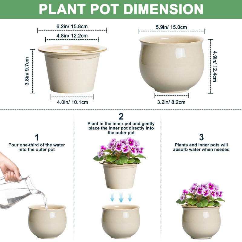 Teagas 6 Inch Self Watering Pots for Indoor Plants, Ceramic African Violet Pots with Absorbent Inner Pot, Easy Self Watering Planter, Round Ceramic Flower Pot, Patio Decor, Gardening Gifts, Beige - Image 2