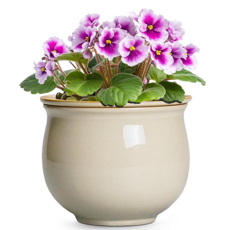 Teagas 6 Inch Self Watering Pots for Indoor Plants, Ceramic African Violet Pots with Absorbent Inner Pot, Easy Self Watering Planter, Round Ceramic Flower Pot, Patio Decor, Gardening Gifts, Beige - Image 1