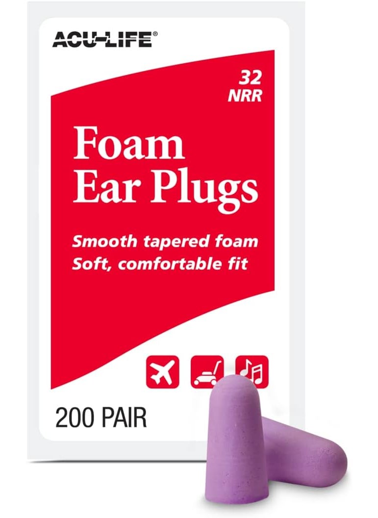 ACU-LIFE Foam Ear Plugs, 200 Pair for Sleeping, Snoring, Loud Noise, Traveling, Concerts, Construction, & Studying, NRR 32, Purple 