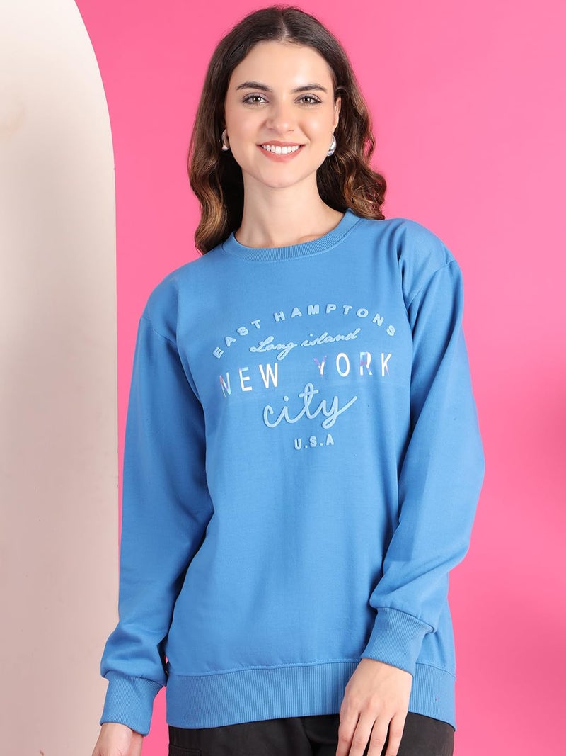 Mack Jonney Women Fleece Round Neck Regular Fit Blue Printed Sweatshirt -MACK639960,Medium - Image 3