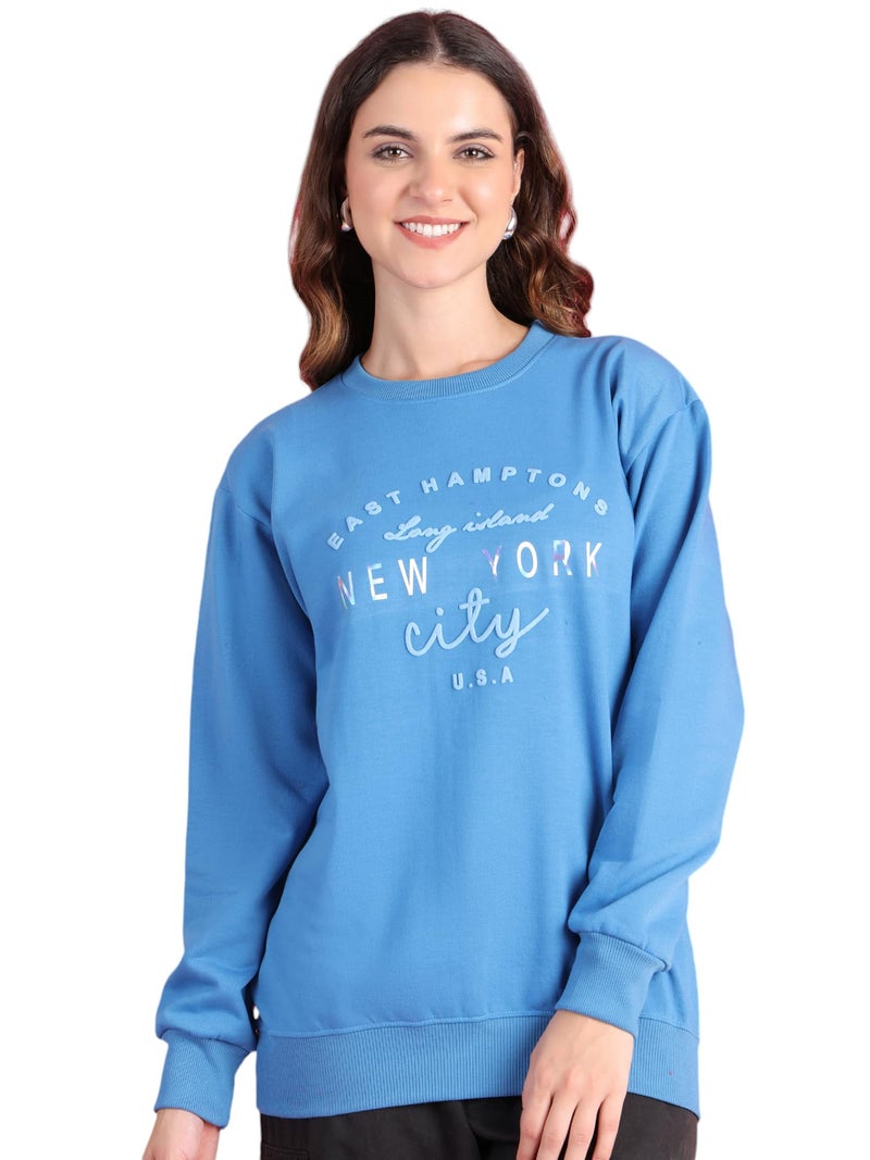 Mack Jonney Women Fleece Round Neck Regular Fit Blue Printed Sweatshirt -MACK639960,Medium - Image 1