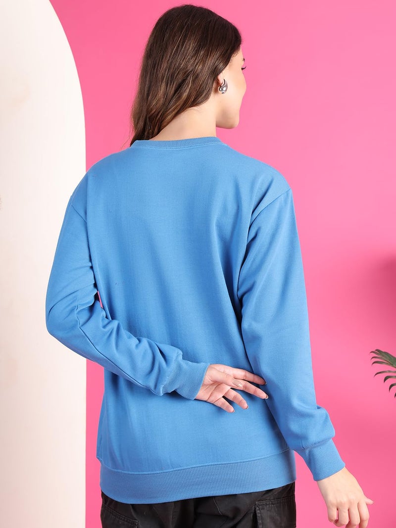 Mack Jonney Women Fleece Round Neck Regular Fit Blue Printed Sweatshirt -MACK639960,Medium - Image 4