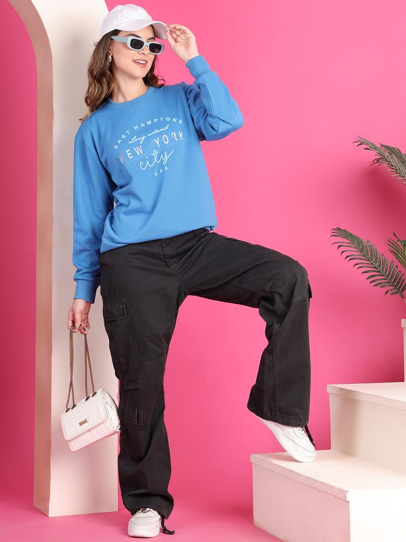 Mack Jonney Women Fleece Round Neck Regular Fit Blue Printed Sweatshirt -MACK639960,Medium - Image 5