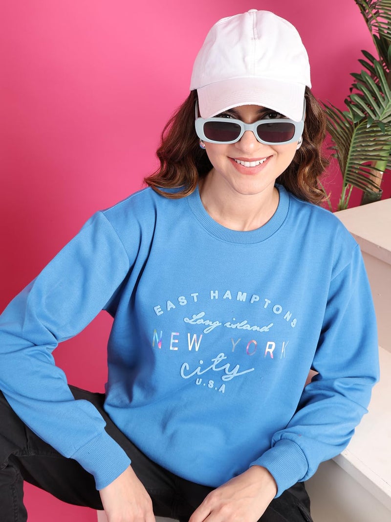 Mack Jonney Women Fleece Round Neck Regular Fit Blue Printed Sweatshirt -MACK639960,Medium - Image 2