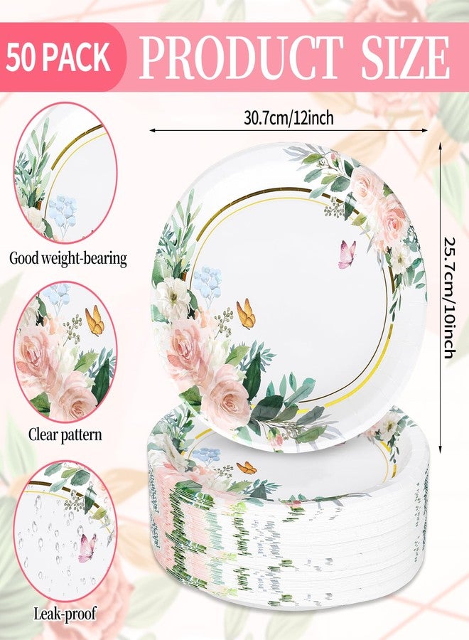 Whaline 50Pcs Spring Floral Oval Paper Plates Watercolor Pink Flower Gold Foil 10 x 12 Inch Large Disposable Heavy Duty Plate Tableware Dinner Plate for Wedding Anniversary Party Decor - Image 2