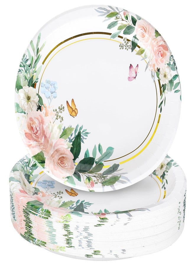 Whaline 50Pcs Spring Floral Oval Paper Plates Watercolor Pink Flower Gold Foil 10 x 12 Inch Large Disposable Heavy Duty Plate Tableware Dinner Plate for Wedding Anniversary Party Decor - Image 1