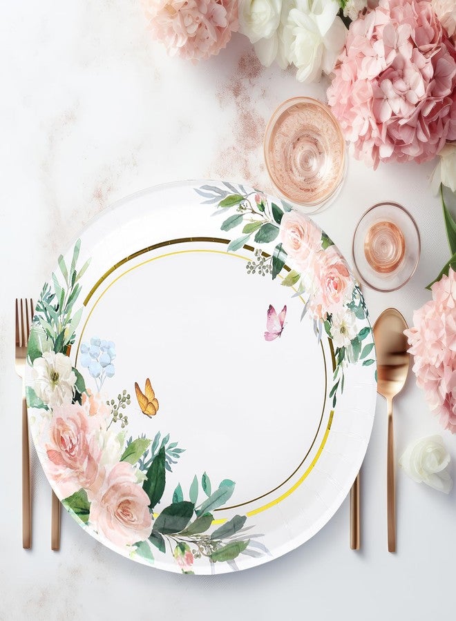 Whaline 50Pcs Spring Floral Oval Paper Plates Watercolor Pink Flower Gold Foil 10 x 12 Inch Large Disposable Heavy Duty Plate Tableware Dinner Plate for Wedding Anniversary Party Decor - Image 4