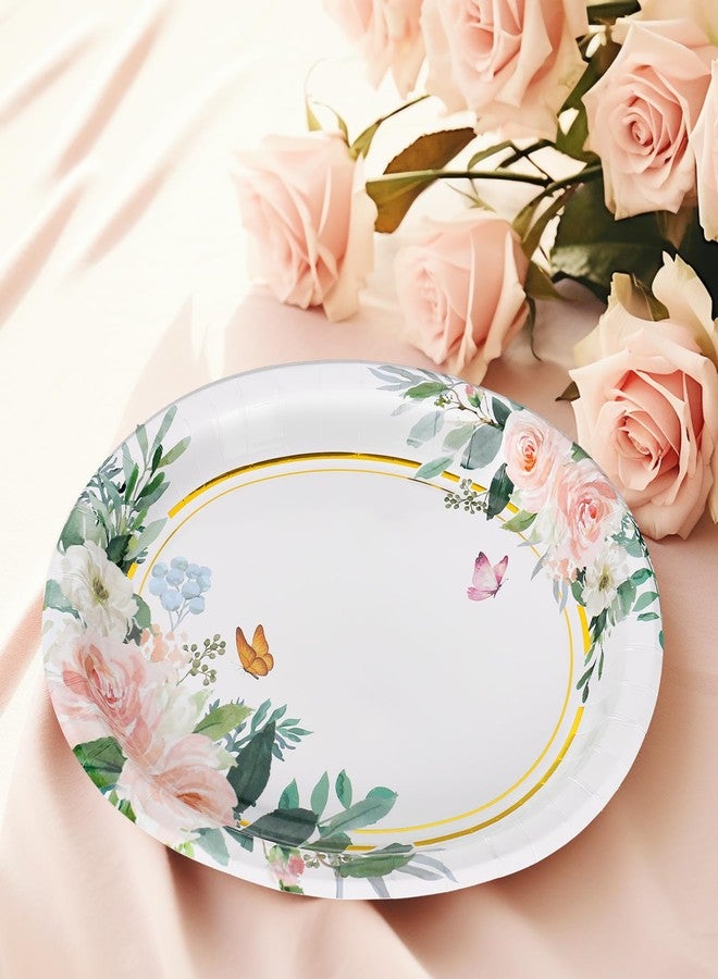 Whaline 50Pcs Spring Floral Oval Paper Plates Watercolor Pink Flower Gold Foil 10 x 12 Inch Large Disposable Heavy Duty Plate Tableware Dinner Plate for Wedding Anniversary Party Decor - Image 5