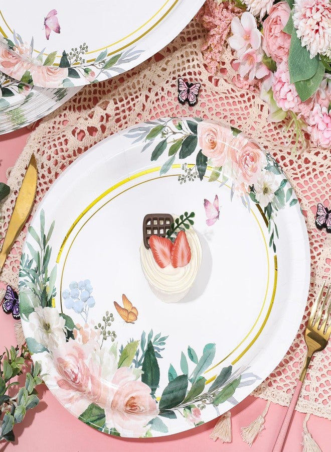 Whaline 50Pcs Spring Floral Oval Paper Plates Watercolor Pink Flower Gold Foil 10 x 12 Inch Large Disposable Heavy Duty Plate Tableware Dinner Plate for Wedding Anniversary Party Decor - Image 3