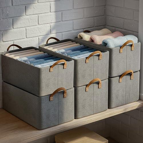 VERAT 6 Pcs Foldable Storage Box and Organiser with Metal Frame/Woven Fabric Clothes Organiser with Handle/Wardrobe Organizer for Storage/Almirah Organizer for Shirts/Jeans/Sweater (Grey) - Image 2