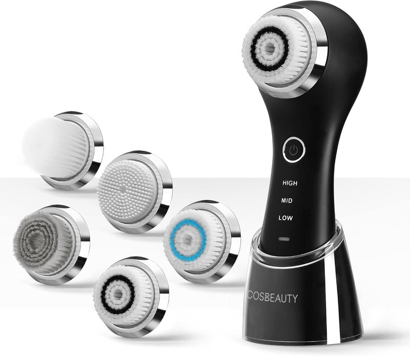 COSBEAUTY Face Scrubber Exfoliator Sonic Facial Cleansing Brush with 5 Interchangeable Brush Head,Face Brush Cleanser for Men IPX7 Waterproof,Wireless Rechargeable for Massaging,Deep Cleansing(Black)